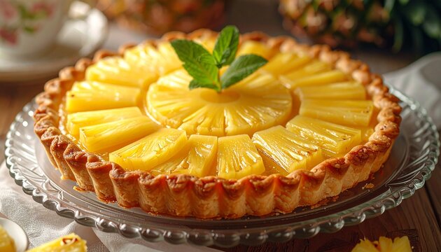 Delicious Pineapple Tart with Mint Garnish on Glass Plate.