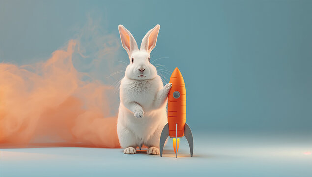 水色のスタジオでニンジン型ロケットの横に立つウサギを写した夢のある肖像写真
