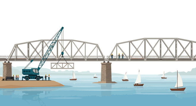 Bridge construction with crane, workers, sailboats on water, illustration