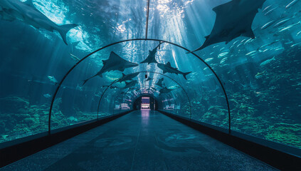 Fototapeta premium 大型水族館の青いトンネルでサメとエイが泳ぐ
