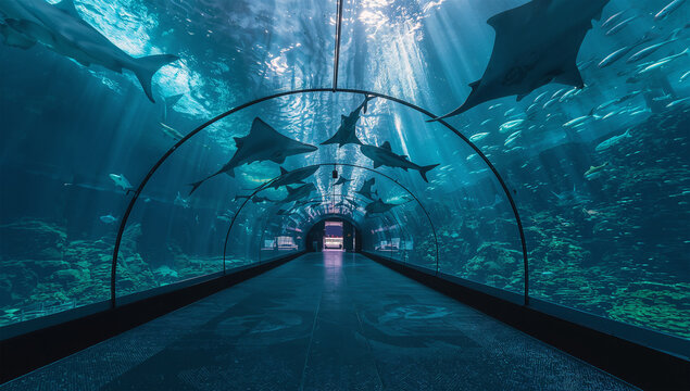 大型水族館の青いトンネルでサメとエイが泳ぐ