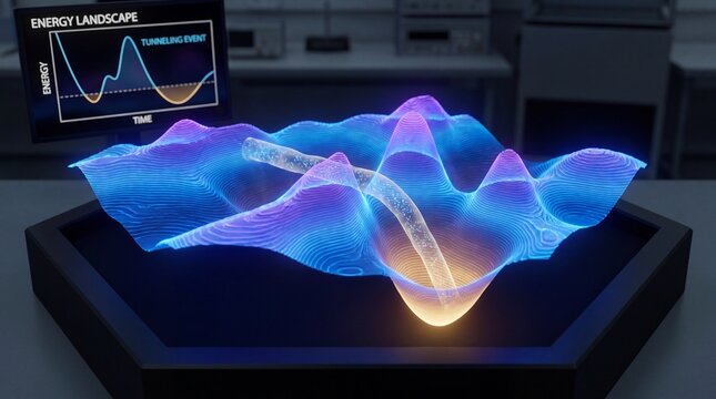 Quantum tunneling effect visualization, energy landscape 3d model in physics laboratory, glowing particle wave function simulation