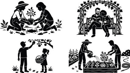 Obraz premium Silhouette illustration of people gardening, planting, harvesting, and relaxing outdoors, highlighting teamwork, leisure, and nature interaction in minimalist design style