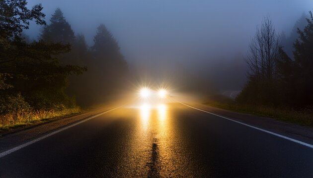 the light of a car headlights breaking through the fog