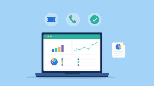 Modern flat vector animation featuring an analytics dashboard with customer service, communication, and support status icons. Ideal for service monitoring, help desk reporting, workflow management, an