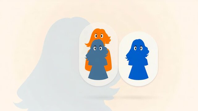 Soft pastel background with two cartoon characters. One character has orange hair and blue body. Another character is solid blue with simple eyes. Characters are enclosed in white oval frames