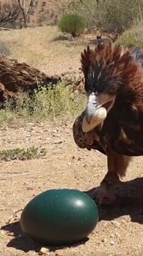 Wedge tailed eagle using a rock to break open a large emu egg in this intense natural history video footage capturing predatory bird behavior in the Australian outback during a sunny day with dry dese