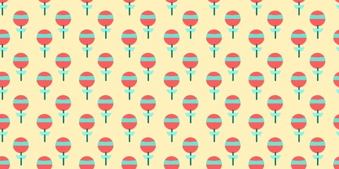 Obraz premium Seamless pattern of cute red lollipops with turquoise bows on a yellow background. candy illustration.