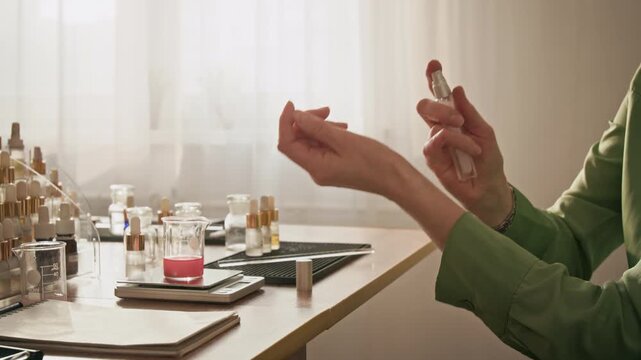 Young adult Caucasian woman spraying perfume on wrist from small bottle at workshop table with laboratory equipment. Video is ideal for marketing cosmetics, beauty brands, and masterclasses