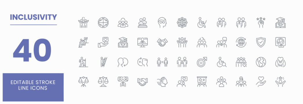 Professional inclusivity and social equality vector icon set with editable strokes