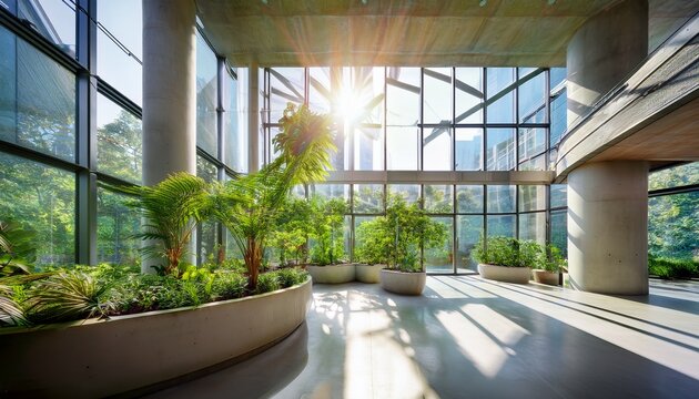 open atrium space inside a contemporary building showcasing concrete architecture with lush green indoor plants large glass windows and natural sunlight for modern biophilic office design concepts