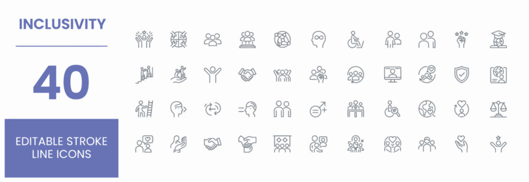 Modern inclusivity and human diversity vector icon set with editable line strokes