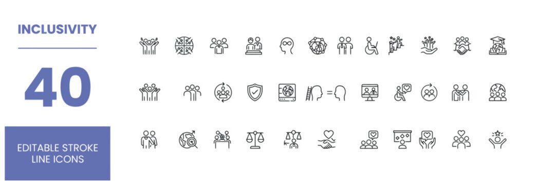 Set of forty inclusivity and diversity editable stroke line icons for web design
