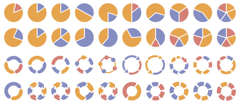 Pie charts, colorful circular infographic charts with varying segments, donut and pie graph elements set for business data visualization, analytics design.