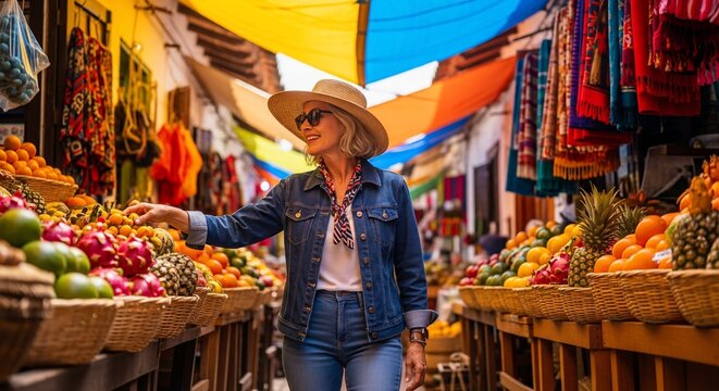 Woman in straw hat and denim jacket shopping at a vibrant outdoor market with fresh produce.