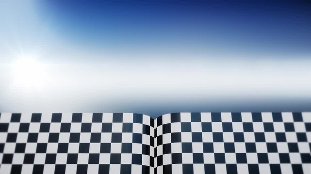 Checkered flag lower third with blue sky and copy space as a seamless loop animation with alpha channel, 3D motorsport graphic for racing broadcast title card and event overlay 16:9