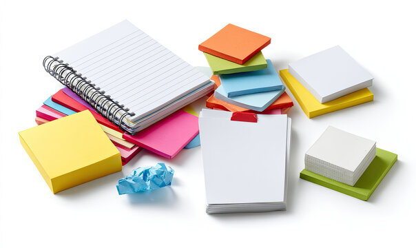 Assorted colorful paper notes, pads, and sticky squares scattered on white
