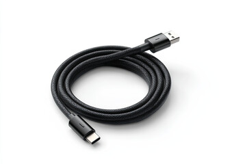 Fototapeta premium A coiled black braided USB-C to USB-A cable on a white background
