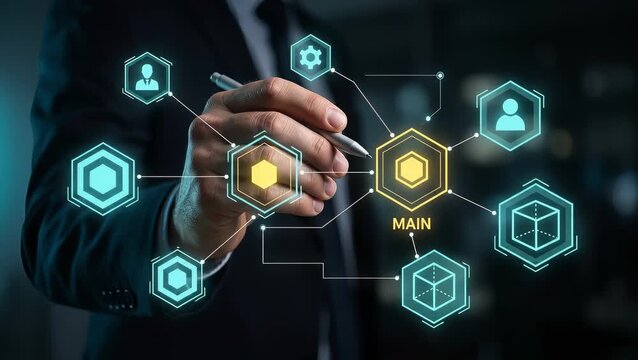 Businessman Writes with Stylus Pen to Connect Digital Network Nodes, Display Central Main Hub, Link Team Member Icons, Map System Structure, and Visualize Business Workflow Diagram