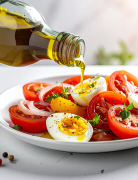 Ensalada mediterr&aacute;nea con tomates, huevo cocido, cebolla y un chorro aceite de oliva virgen extra sobre los ingredientes frescos, alimentaci&oacute;n saludable y gastronom&iacute;a mediterr&aacute;nea