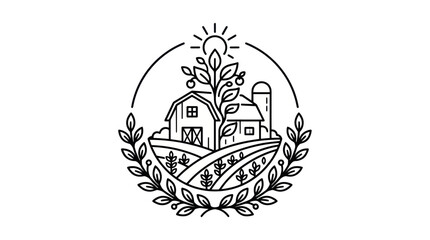 Circular farm landscape emblem with barn and sun. © pangestu