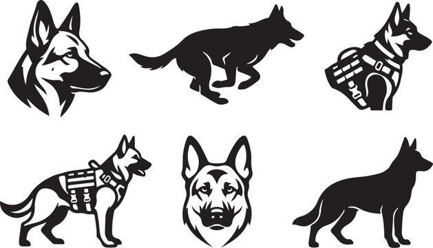 Police dog logo set, K9 unit vector illustration, German Shepherd silhouette icons, Law enforcement security mascot, Military working dog graphics, Tactical pet badges, Minimalist animal branding, Can