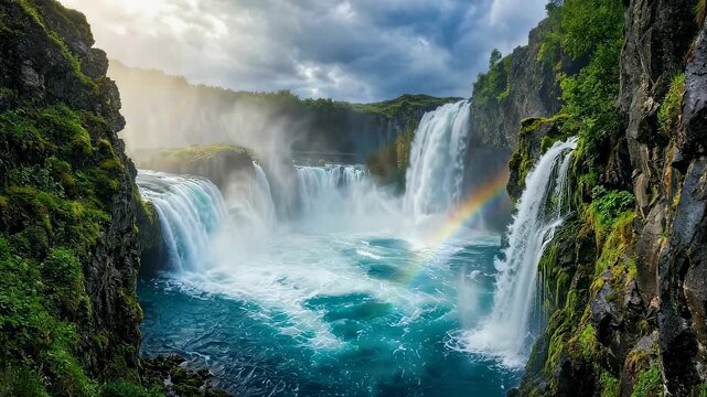 Powerful waterfall with rainbow in lush rocky canyon. Biblical scene of waters creation. Majestic landscape representing primordial earth and divine nature elements.