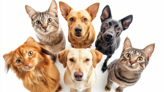 Six pets, a mix of cats and dogs, stare upwards, creating a sense of curiosity. Set against a clean white backdrop, their unique features and expressions are beautifully highlighted.