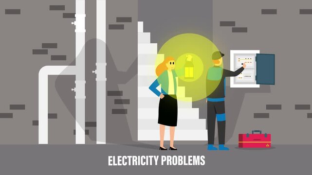 Electrician Fixing Fuse Box in Dark Basement with Woman Holding Lantern During Power Outage cartoon animation