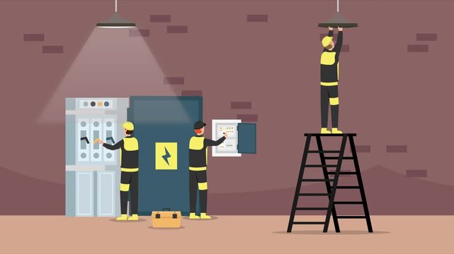 Team of Professional Electricians Working on Industrial Electrical Panel and Lighting Installation cartoon animation