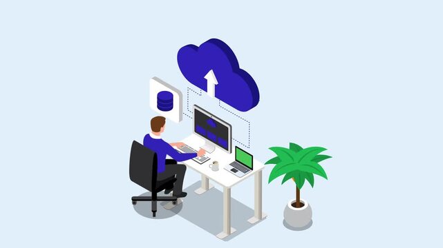 Cloud Computing Engineer Uploading Data and Managing Network Servers 3d animation cartoon