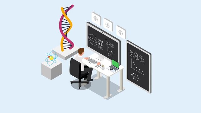 Scientist Analyzing DNA Structure and Bioinformatics Data at Lab Workstation 3d animation cartoon