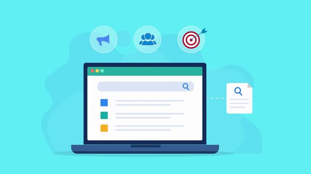 Animated flat vector dashboard on a laptop screen with cloud data management, search interface, analytics, and digital workflow elements. Modern technology and business automation concept