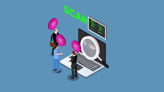 Laptop Virus Scan and Software Bug Detection Concept 3d animation cartoon