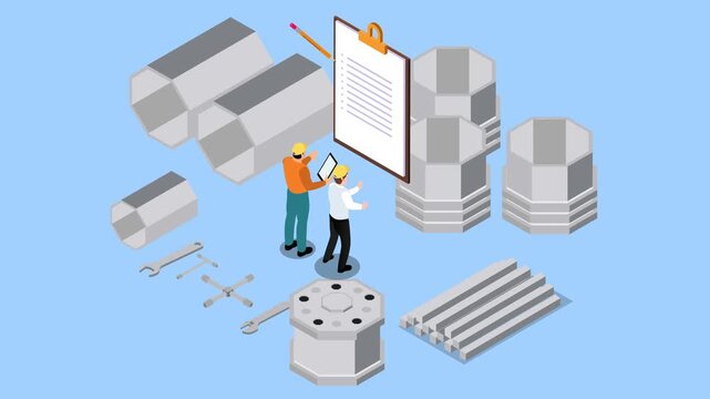 industrial engineers inspecting factory inventory with clipboard and tools 3d animation cartoon
