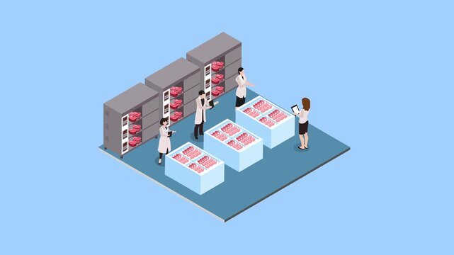 meat factory inventory control with inspectors examining beef production 3d animation cartoon