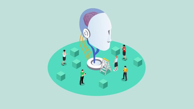 AI Concept with Giant Robot Head and People Using Voice Recognition Technology 3d animation cartoon
