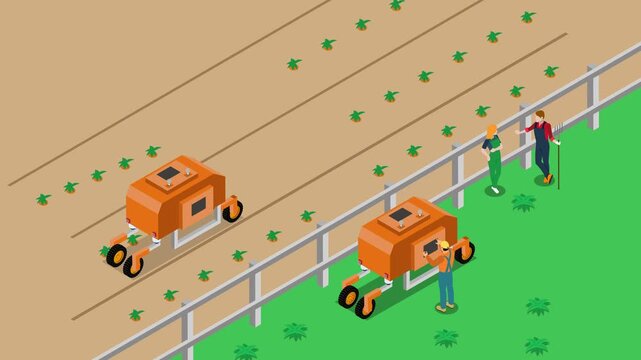 Smart Farming Illustration with Autonomous Agricultural Robots and Farmers 3d animation cartoon