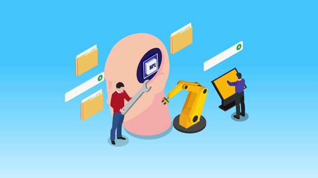 Natural Language Processing Concept with Engineers Developing NPL AI Chip 3d animation cartoon