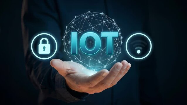 Businessman Extends Open Palm to Present Internet of Things Network, Display Wireless Signal Icon, Activate Security Lock, Connect Global Device Sphere, and Enable Digital Connectivity