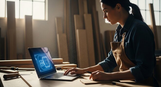 Woman Working on Laptop in Woodworking Shop with Digital Interface.