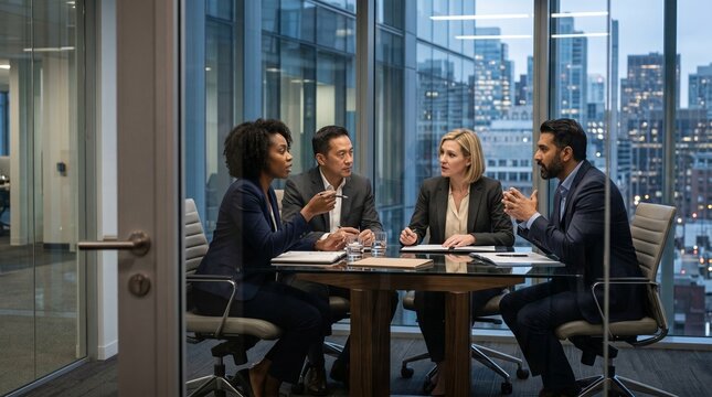Diverse corporate business team having meeting in modern highrise office boardroom discussing strategy financial analytics partnership international stakeholders professional communication