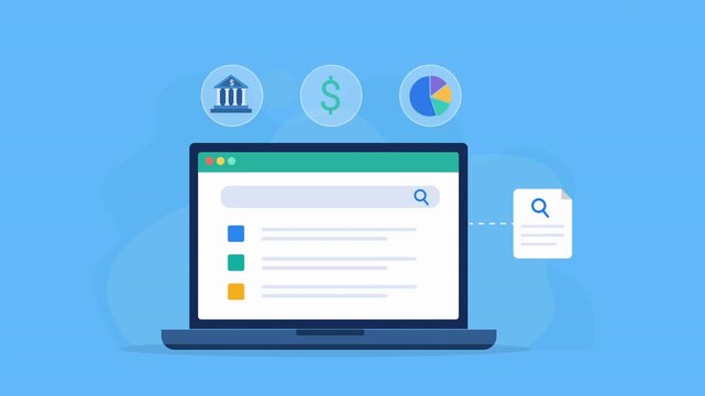 Animated flat vector illustration of an online banking dashboard on a laptop screen with finance, payment, and analytics icons. Modern fintech, digital banking, and financial technology c