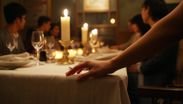 夜の会食でテーブル端を握りしめる日本人女性の手元写真