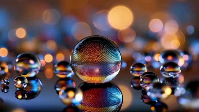Shiny glass sphere reflection colorful lights macro detail abstract glowing ball ethereal atmosphere