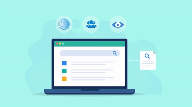 Animated flat vector dashboard on a laptop screen featuring cloud storage, global network, and visibility monitoring icons. Modern technology, data management, and digital workflow concep