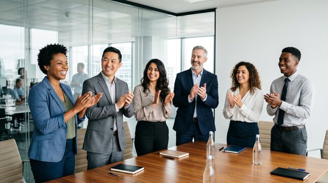 Happy diverse professional business team standing and clapping in modern office meeting room, corporate success, achievement, teamwork, collaboration, professional office atmosphere.