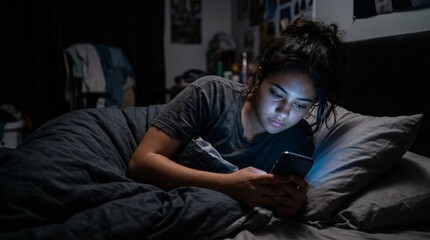 Obraz premium Young woman using smartphone in bed at night with dark background, lifestyle photography concept of social media addiction, digital communication, insomnia, and late night technology use at home.