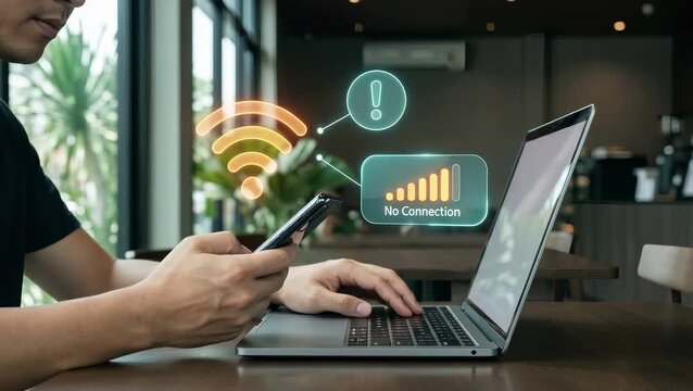 Businessman Holds Smartphone and Types on Laptop at Cafe to Troubleshoot Wireless Connection, Display Network Signal Icon, Trigger Alert Warning, Detect Lost Connection, and Check Internet Status