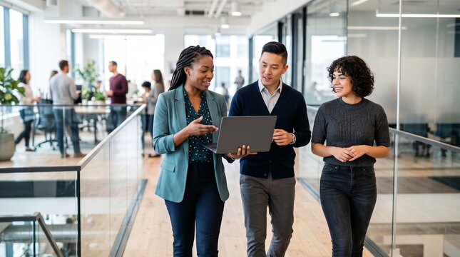 Diverse group of young professionals walking through a modern office, engaged in a discussion while holding a laptop. Corporate culture, teamwork, modern workplace, collaboration, business.